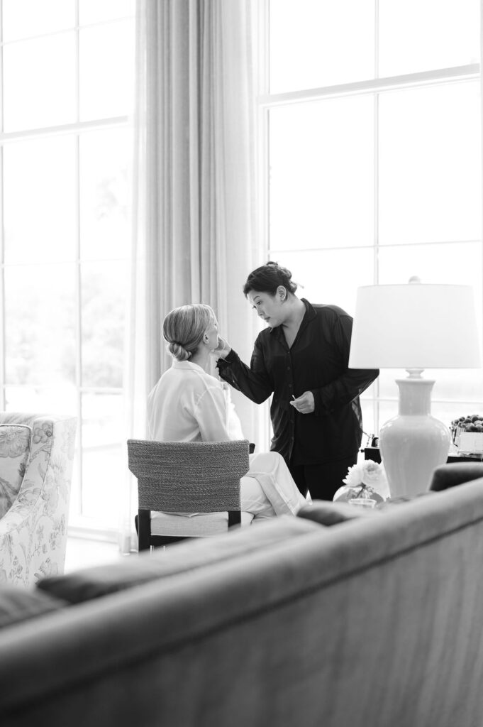 A Sea Island Bride getting her hair and make up done by a Studio Bride artist.